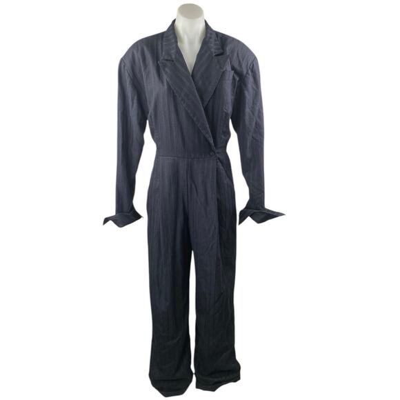 Women's Navy Blue Pinstriped Collared Long Sleeve Wide Leg Blazer Jumpsuit Sz M - Picture 1 of 4